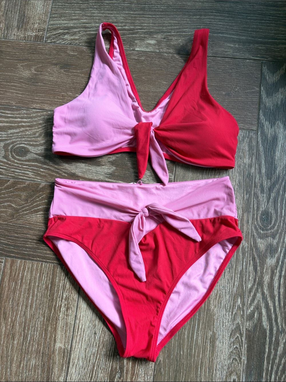 Pink & Red Tie-Front High-Waist Bikini